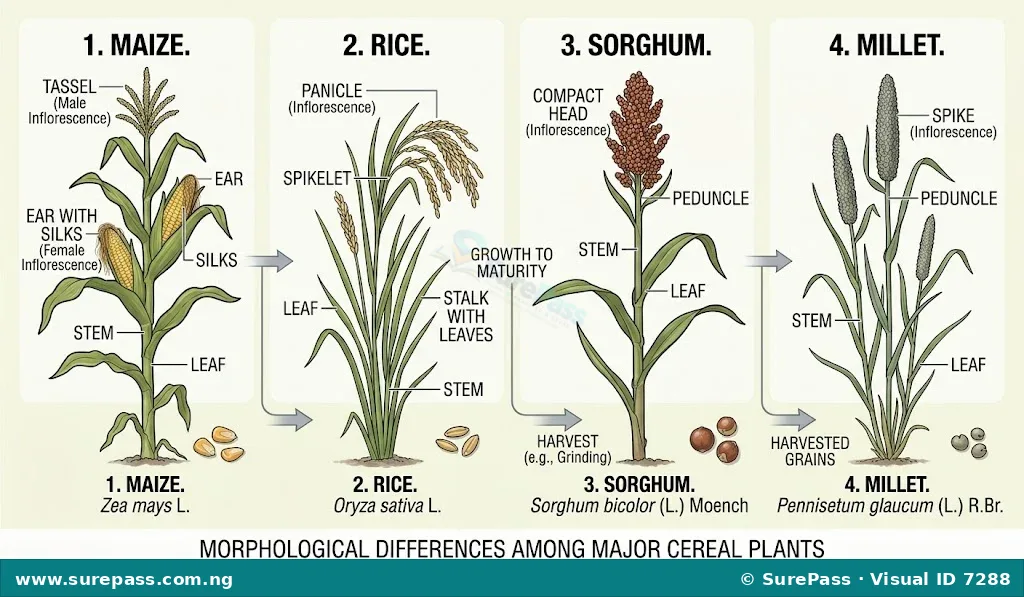 Botanical structures of mature maize, rice, sorghum, and millet plants.