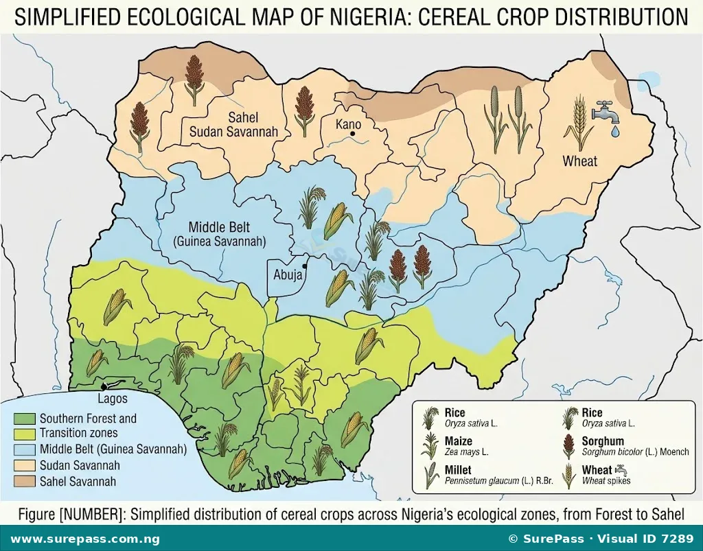 Map of Nigeria showing the distribution of cereal crops across ecological zones.