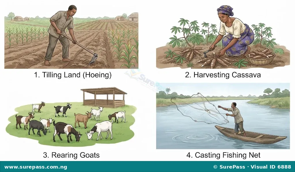 A collage illustrating Nigerian agricultural activities, including crop farming, animal rearing, and fishing.