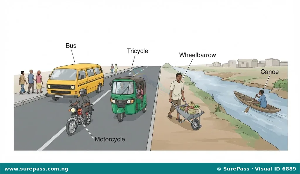 A visual showing common Nigerian transportation methods, including a bus, motorcycle, tricycle, wheelbarrow, and a canoe.