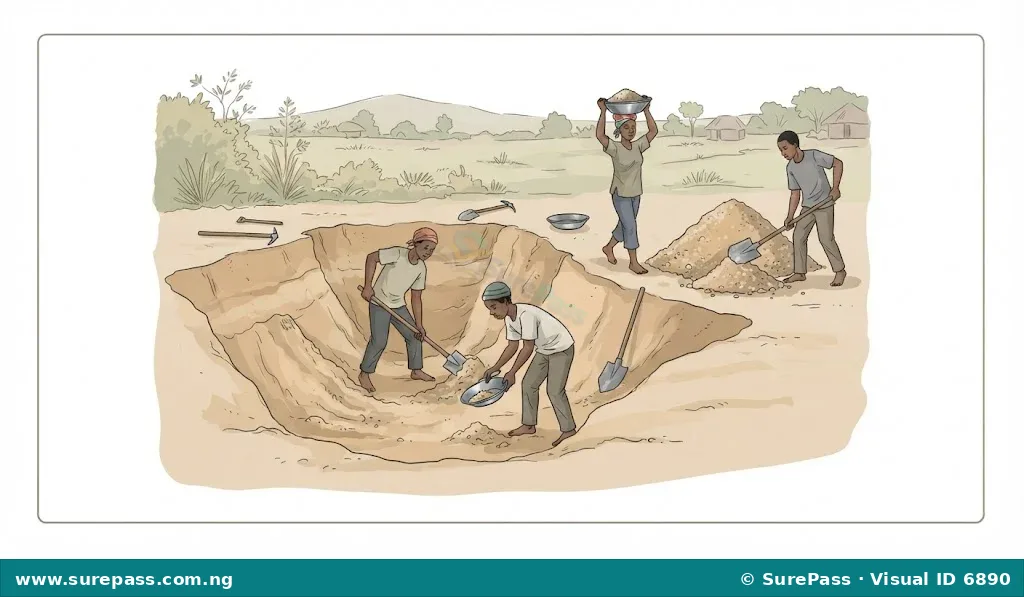 Workers engaged in small-scale sand mining, using shovels and head pans to extract material from a pit.