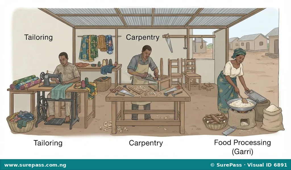 A local Nigerian workshop showing a tailor sewing, a carpenter building furniture, and a woman processing garri.