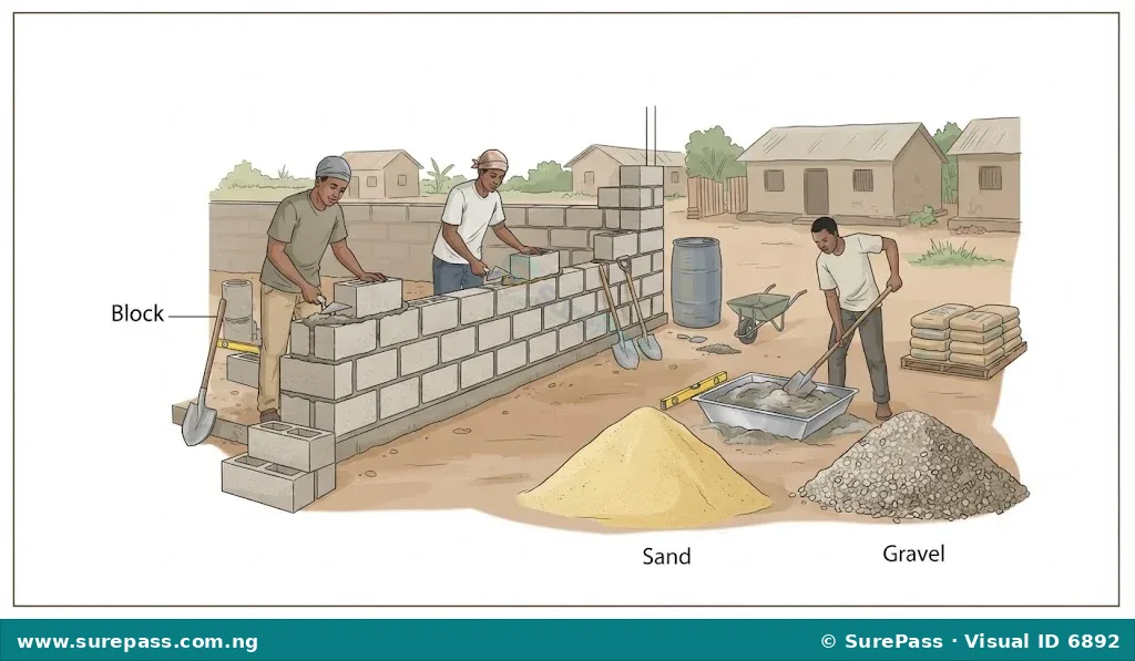 A construction site in Nigeria with workers laying blocks and mixing cement for a new building.