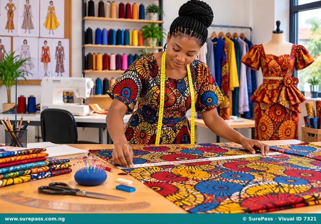 A fashion designer measuring fabric in a modern workshop.