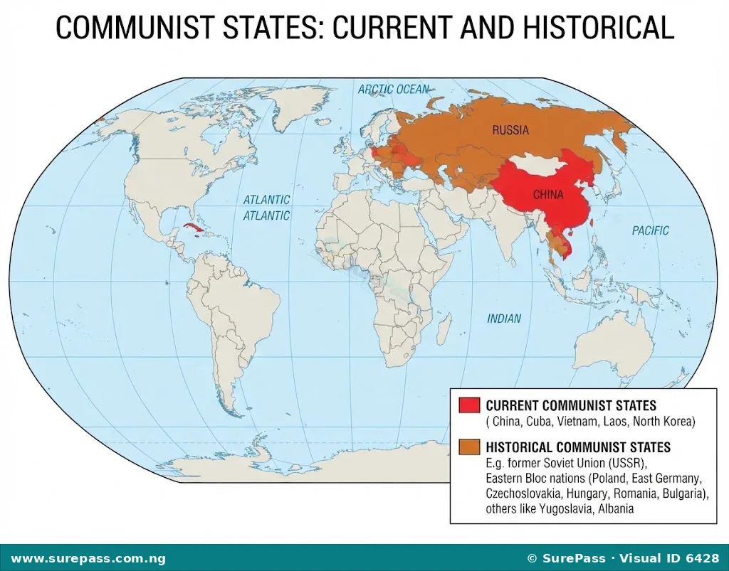 World map showing current and historical communist states with a clear color-coded legend.