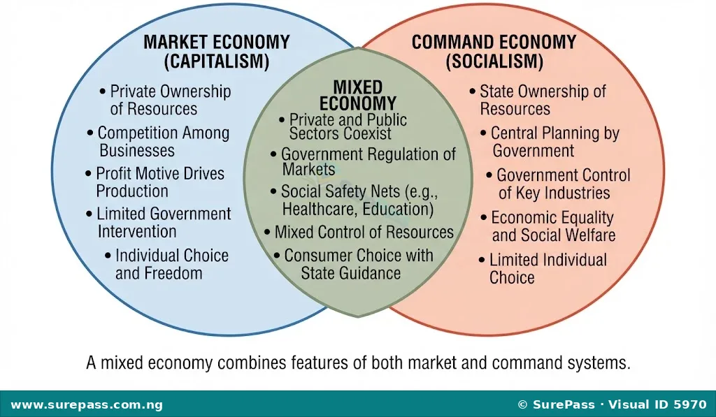 Venn diagram illustrating a mixed economy as an overlap between market economy (capitalism) and command economy (socialism), combining private ownership with government regulation.