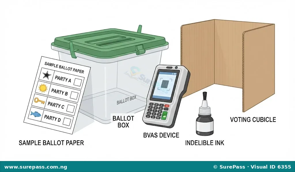An illustration of essential election materials including a ballot box, ballot paper, BVAS device, indelible ink, and voting cubicle.