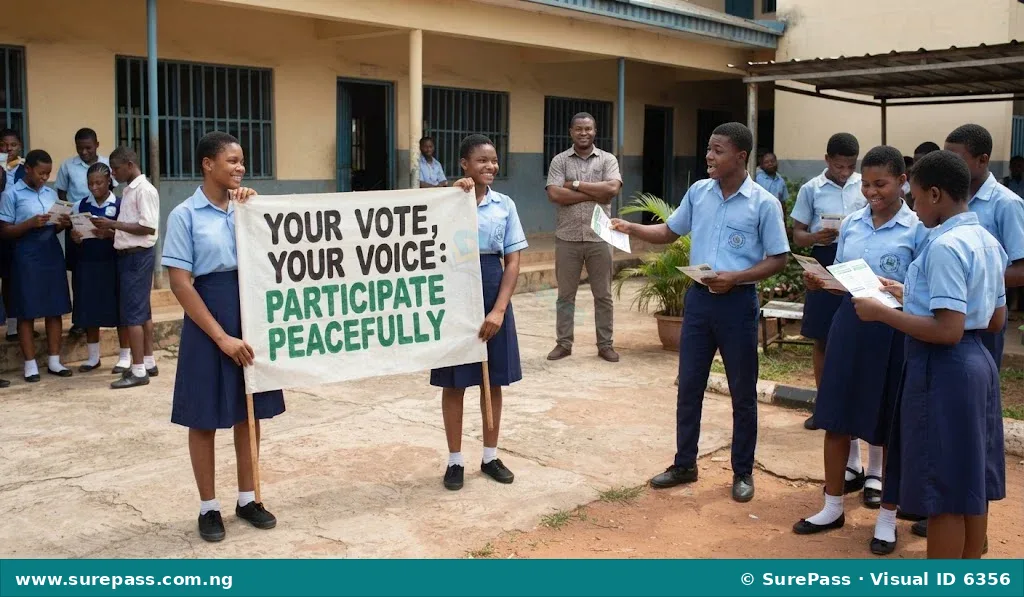 Students conducting a civic education and voter enlightenment campaign in a school.