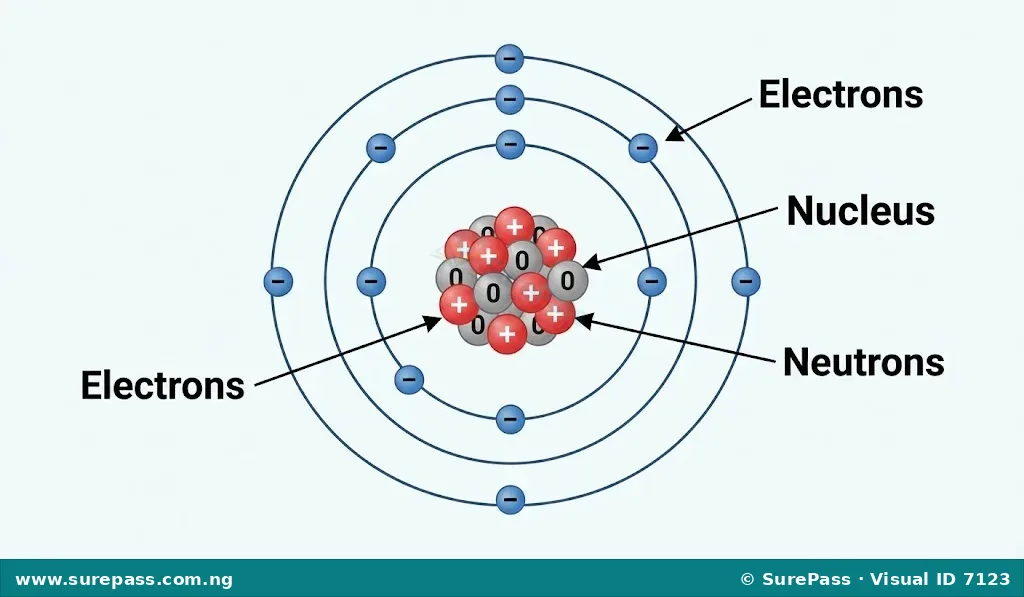 A diagram of an atom showing a nucleus with protons and neutrons, and electrons orbiting in shells.