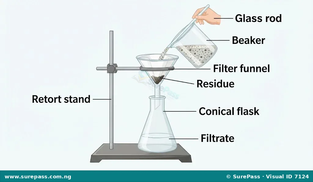 Diagram of filtration apparatus showing a funnel with filter paper, a beaker pouring a mixture into it, and a flask collecting the filtered liquid.