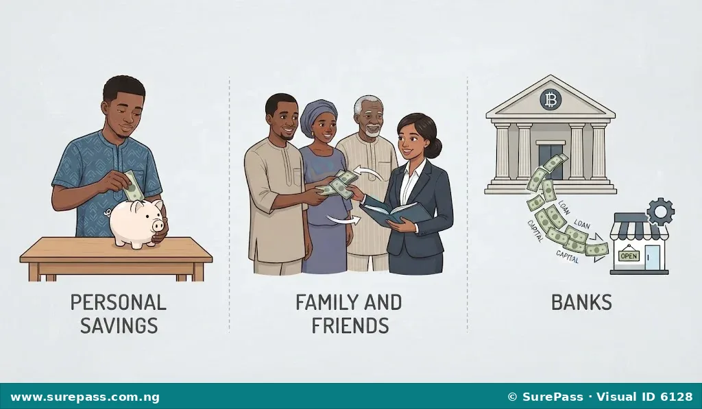 Illustration showing three sources of business finance: personal savings (money in a piggy bank), family and friends (people exchanging money), and banks (money flowing from a bank building).
