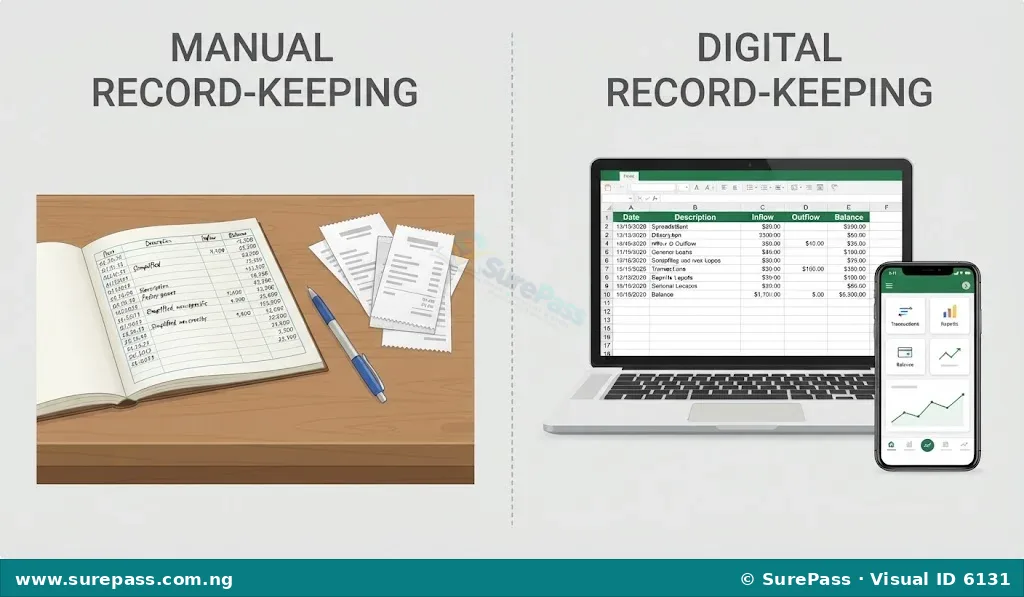 Comparison of manual and digital record-keeping methods, showing a physical ledger and receipts versus a spreadsheet on a laptop and a mobile accounting app.