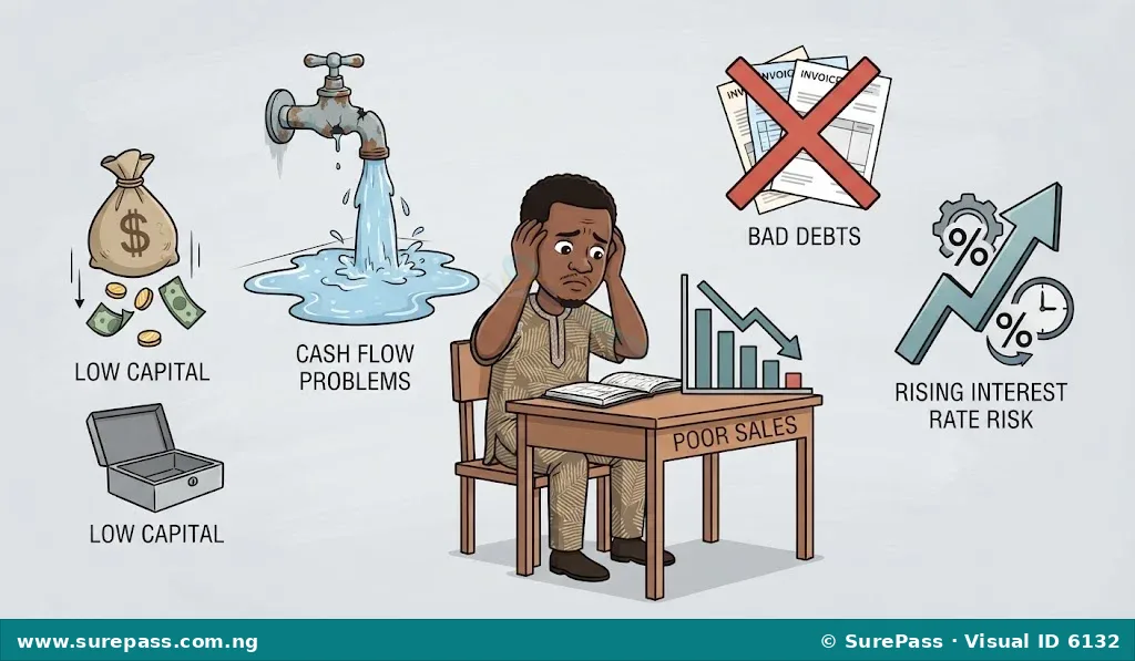 An entrepreneur surrounded by symbols of financial risks like low capital, cash flow issues, poor sales, and rising interest rates.