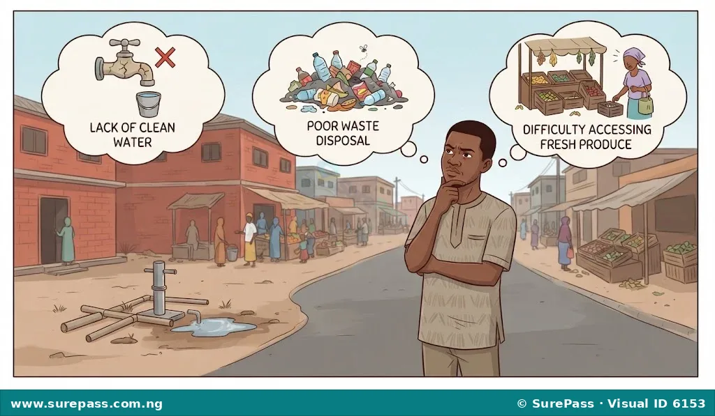 A person observing their environment, thinking about problems like water scarcity, waste, and food access.