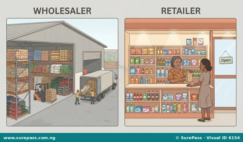 Illustration showing a wholesaler's large warehouse and a small retailer's shop, demonstrating the difference between selling in bulk and selling to consumers.