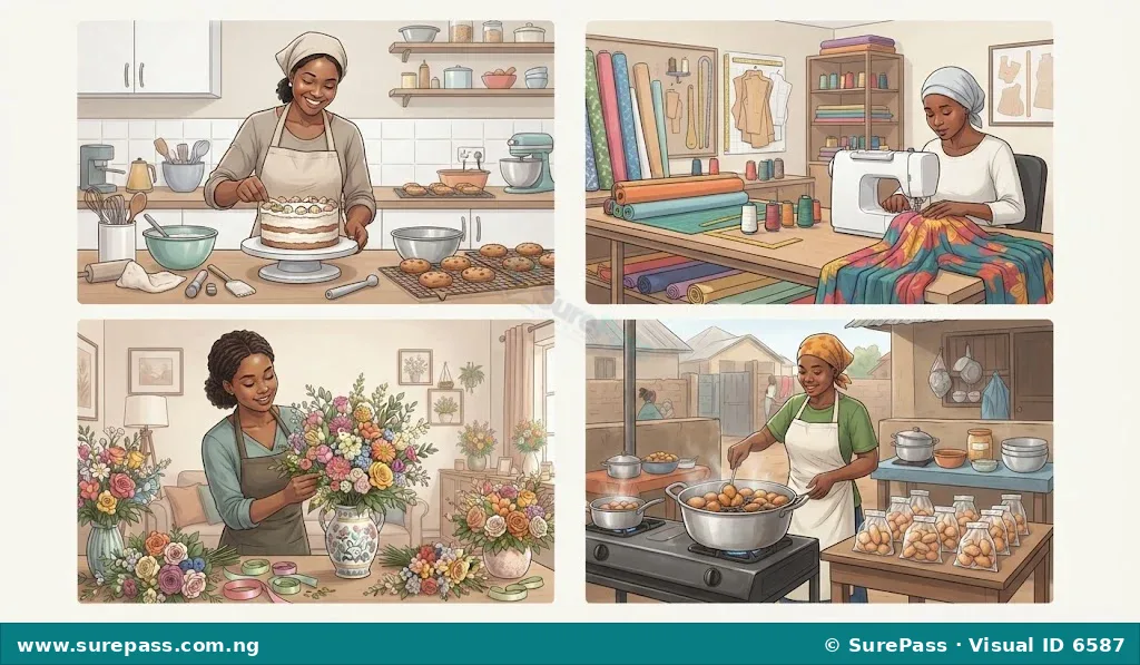 Collage of home-based entrepreneurial activities including baking, sewing, interior decoration, and snack preparation.