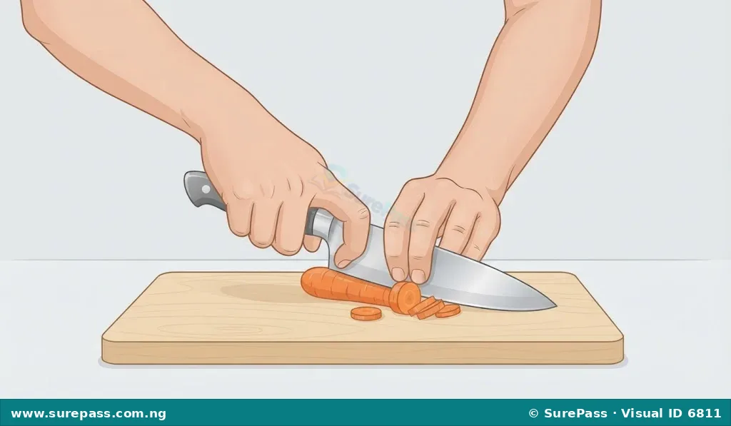 A person using a chef's knife to chop vegetables on a cutting board, demonstrating the safe 'claw grip' technique.