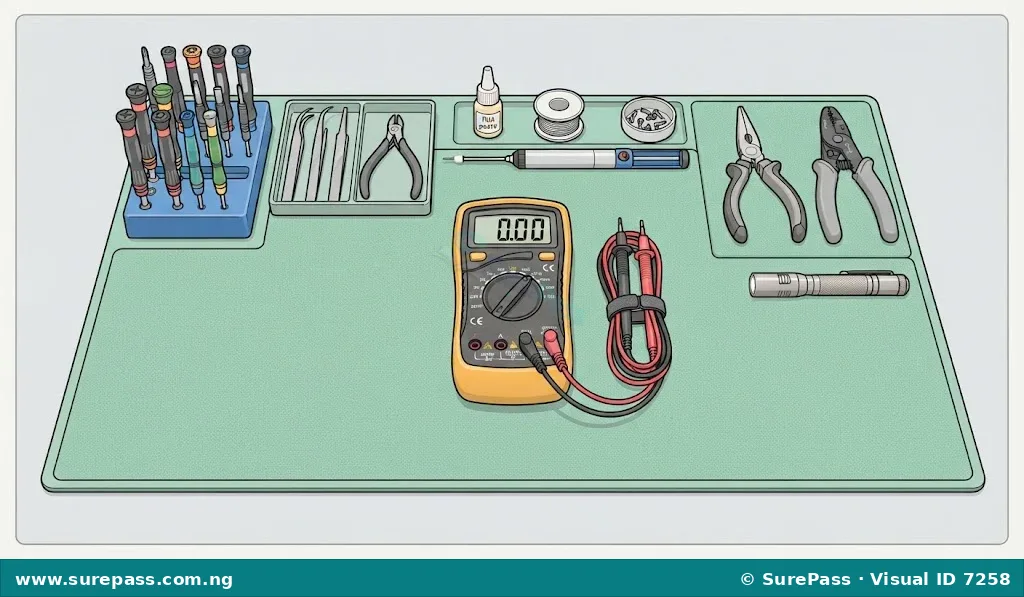 A collection of hardware repair tools for computers and mobile phones on an anti-static mat.