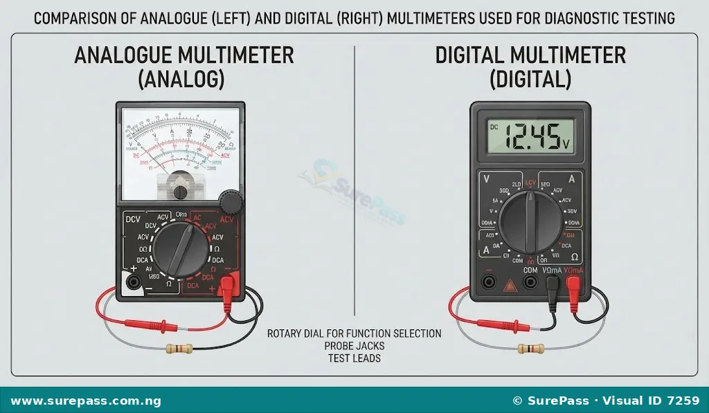Comparison between an analogue multimeter and a digital multimeter.