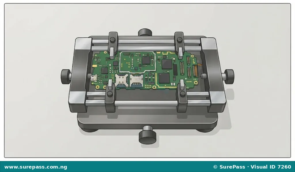 A mobile phone motherboard held firmly by a metal PCB holder.