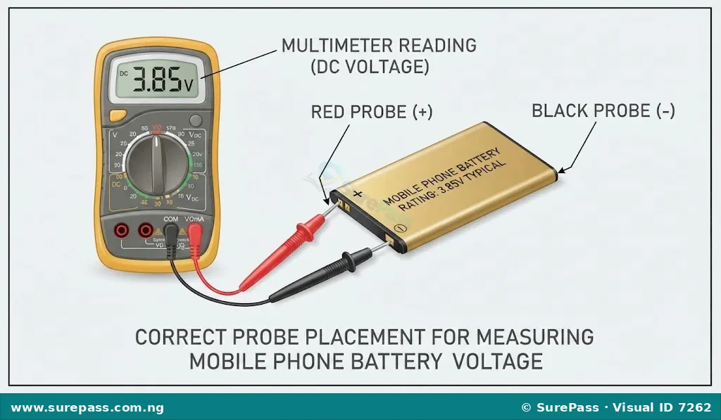 Testing a mobile phone battery with a digital multimeter.
