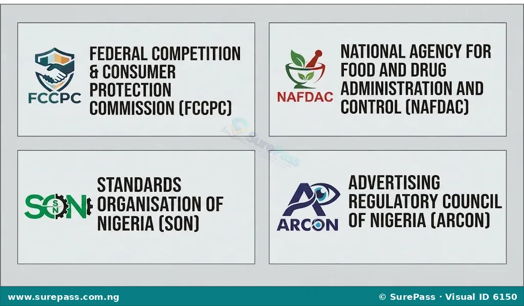 Logos of Nigerian regulatory agencies FCCPC, NAFDAC, SON, and ARCON.