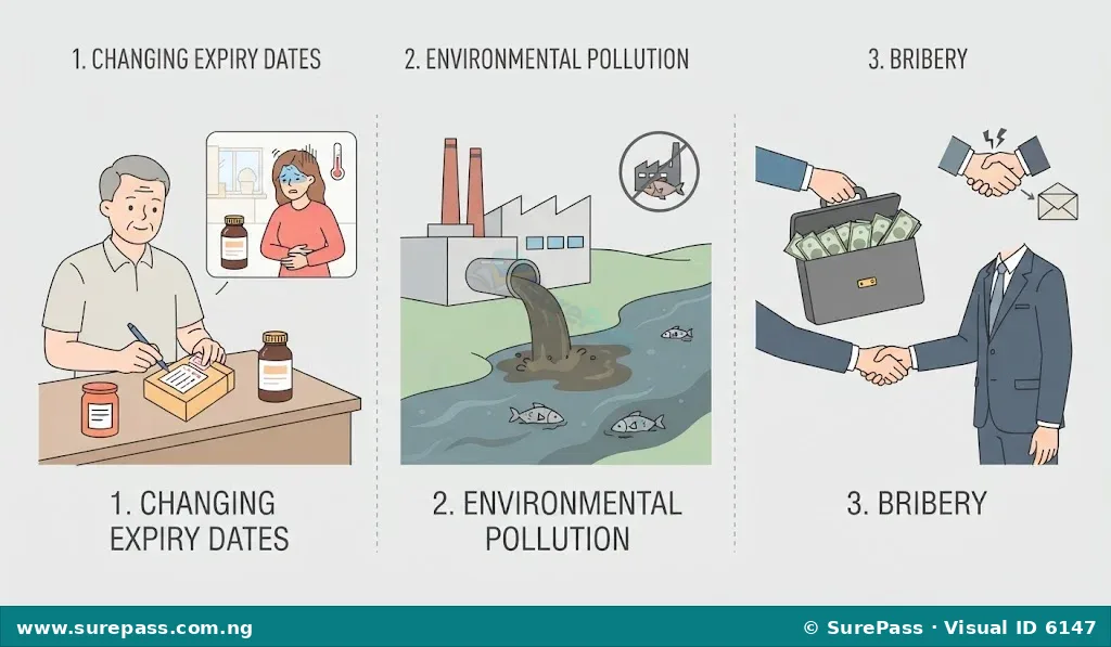 Three illustrations depicting unethical business practices: changing expiry dates, polluting a river, and bribery, with their negative consequences.