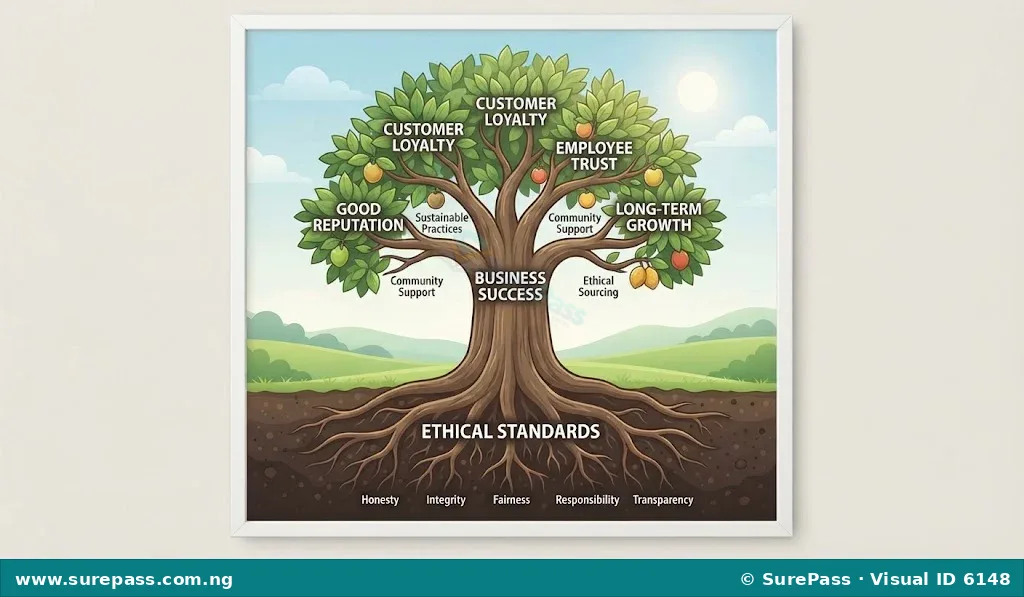A flourishing tree with roots labelled 'Ethical Standards' and branches showing benefits like 'Customer Loyalty' and 'Good Reputation', symbolising the importance of ethics for business success.