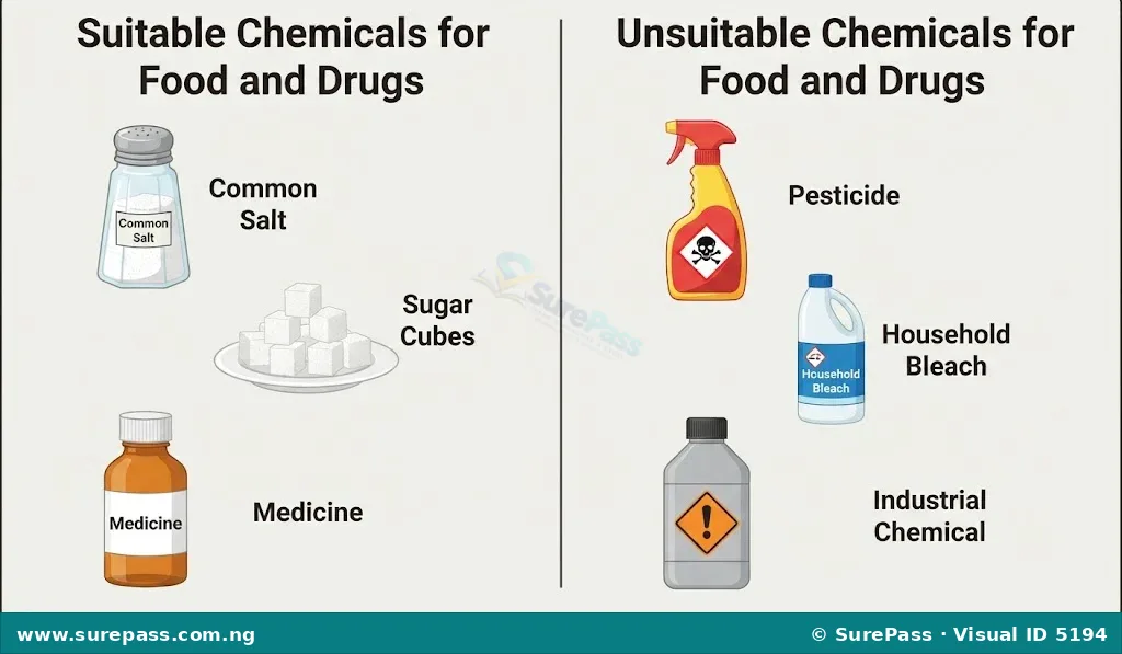 Visual comparing suitable chemicals like salt, sugar, and medicine with unsuitable chemicals like pesticides, bleach, and industrial chemicals.