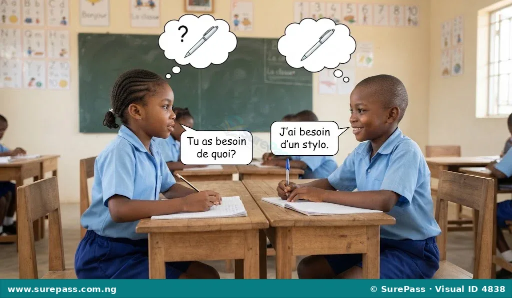 Two children asking and answering questions about needs in French.