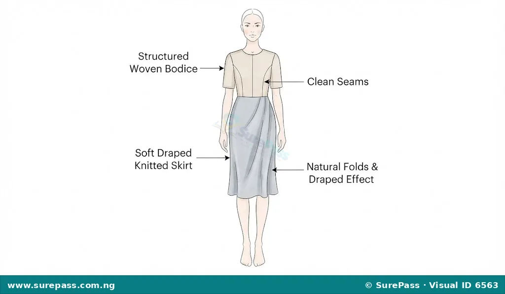 A fashion sketch of a dress design showing the application of woven and knitted fabrics with design annotations.