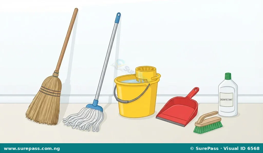 An assortment of household cleaning tools including a broom, mop, bucket, and scrubbing brush.