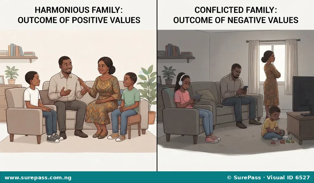 A side-by-side comparison of a harmonious family guided by positive values and a conflicted family affected by negative values.