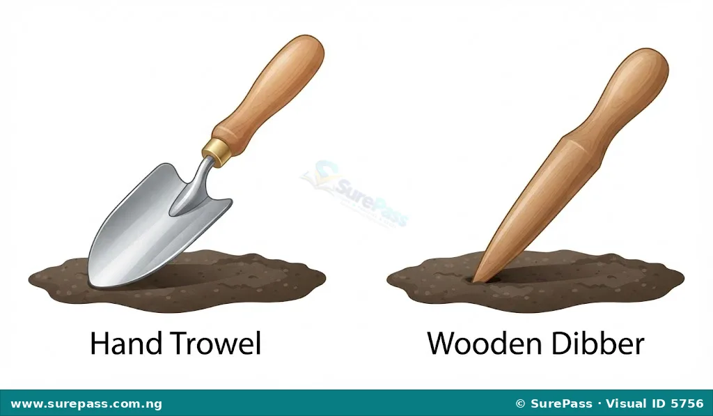 A hand trowel and a wooden dibber.