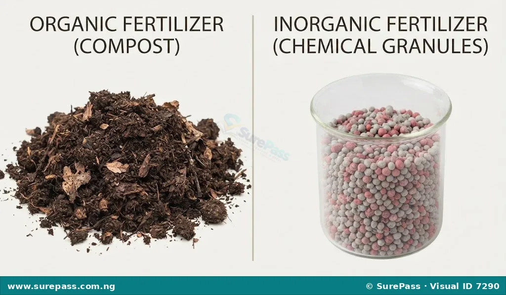 A comparison showing dark organic compost on the left and uniform inorganic chemical granules on the right.