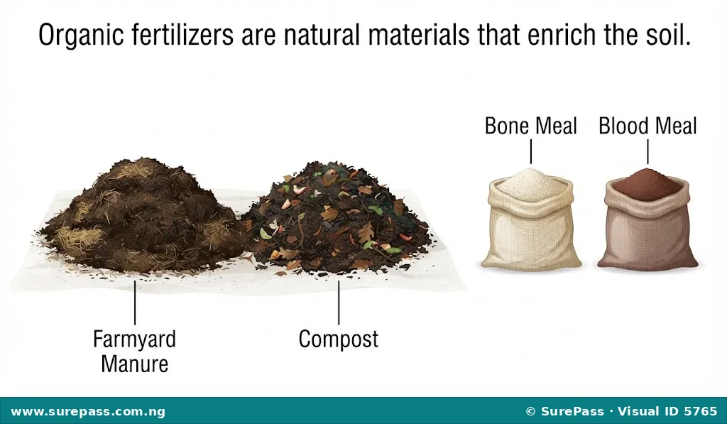 Examples of organic fertilizers including farmyard manure, compost, bone meal, and blood meal.