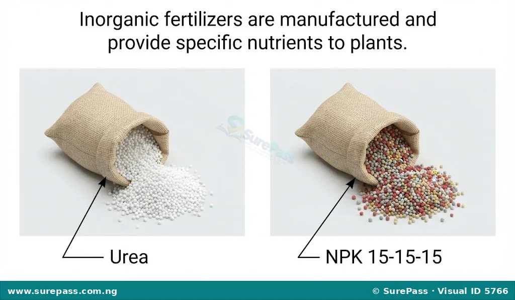 Examples of inorganic fertilizers including urea and NPK granules.