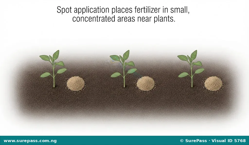 Diagram showing spot application of fertilizer near individual plants in a row.