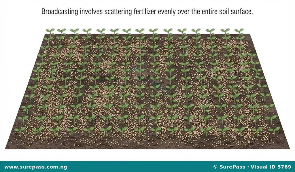 Diagram showing broadcasting method of fertilizer application over a wide area.