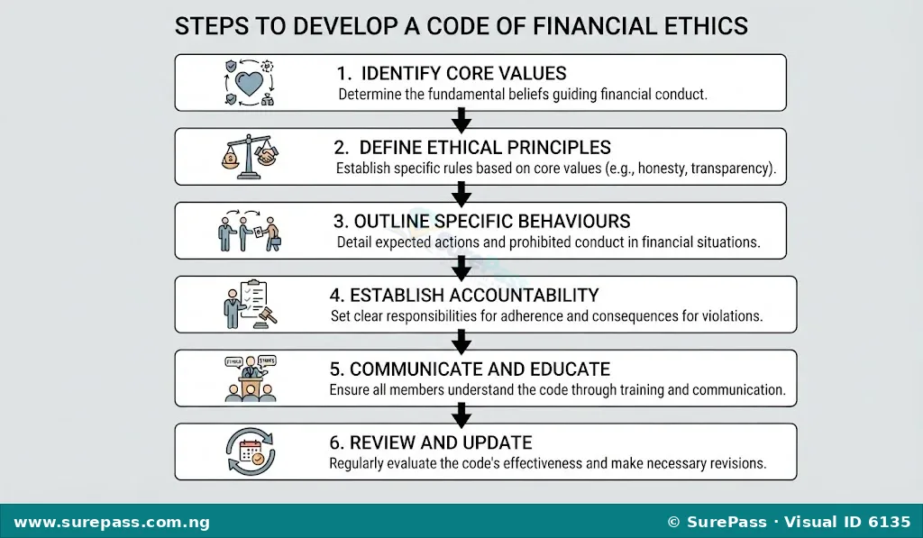Flowchart showing the six steps to develop a code of financial ethics.