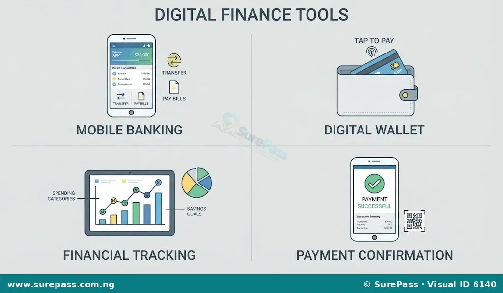 Icons representing mobile banking, fintech apps, digital wallets, and personal finance management apps.