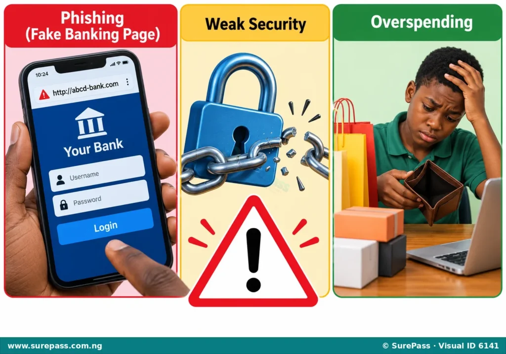 Illustrations of phishing, weak security, and overspending, representing dangers in digital finance.