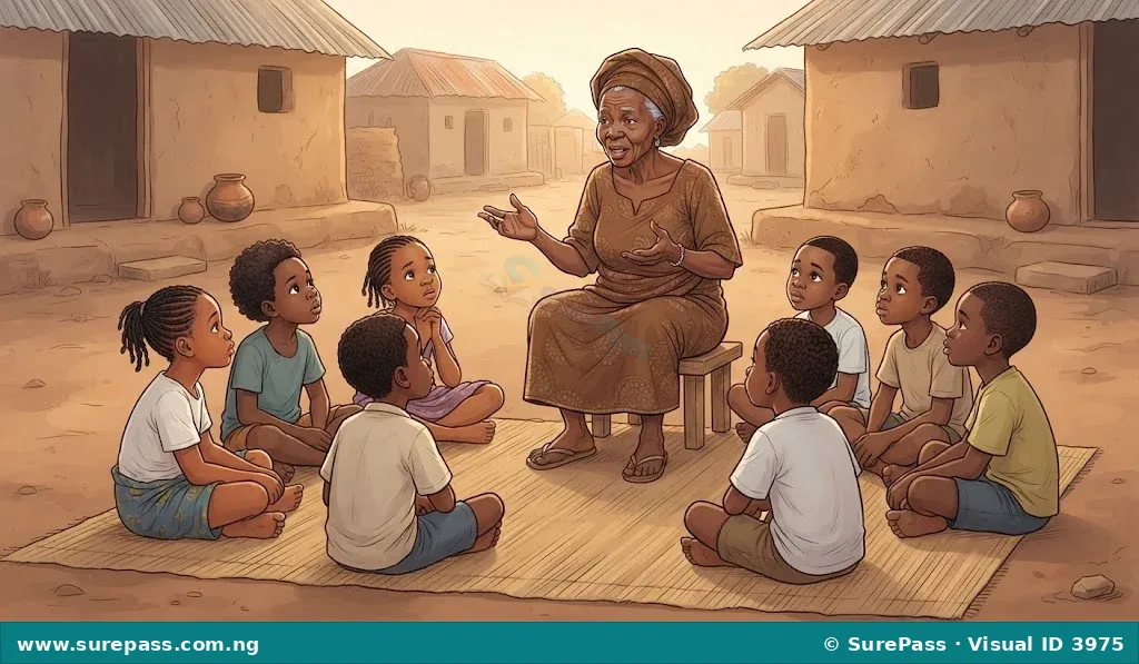 An elderly Nigerian woman telling a folktale to a group of young children who are listening with interest.