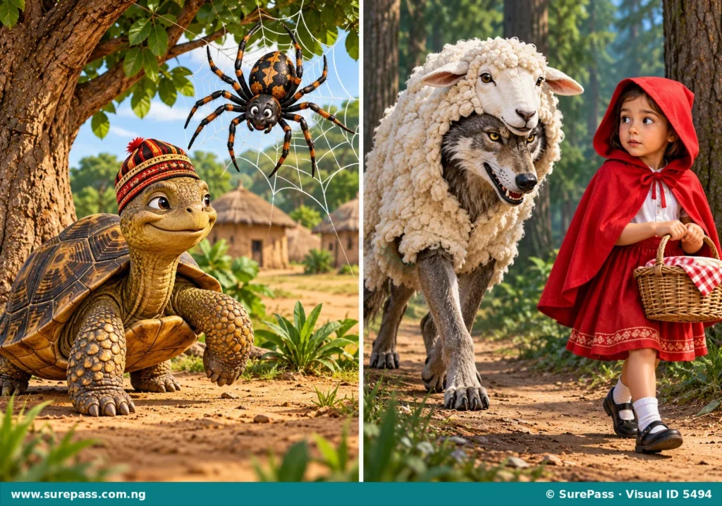 A comparison of stock characters from African and Non-African folktales, showing a tortoise and spider on one side, and a wolf and red-hooded girl on the other.