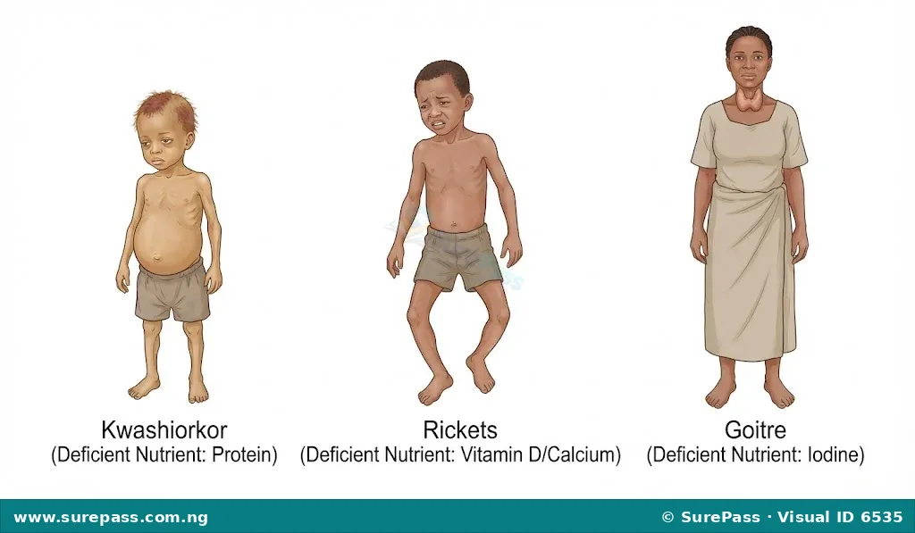 An illustration comparing the physical symptoms of Kwashiorkor, Rickets, and Goitre.