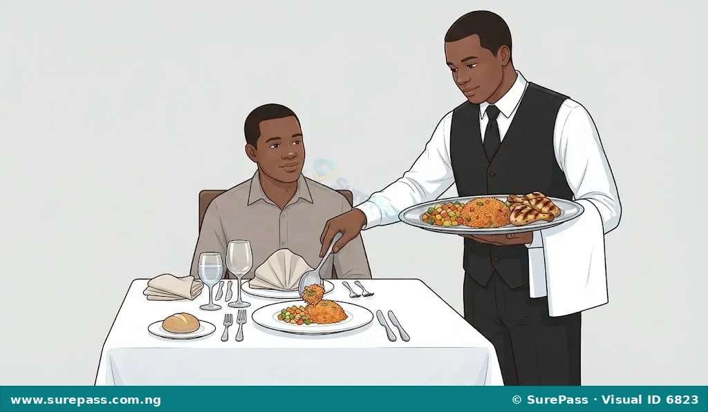 A waiter serving food from a platter onto a guest's plate using a spoon and fork, demonstrating silver service.