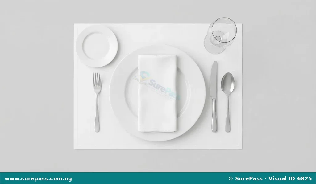 A diagram showing a complete and correctly laid formal dinner cover with all cutlery, crockery, and glassware in their proper positions.