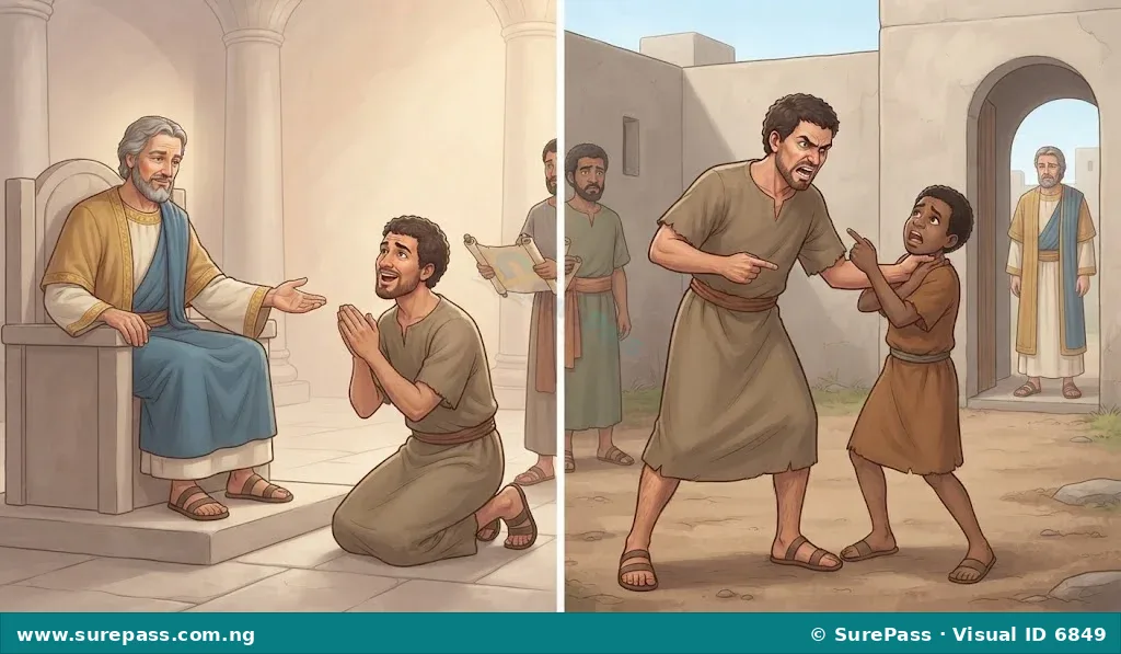 Illustration of the Parable of the Unforgiving Servant, showing a king forgiving a servant, and then that same servant refusing to forgive another.