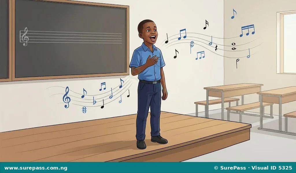 A JSS1 student singing a song, demonstrating musical fundamentals.