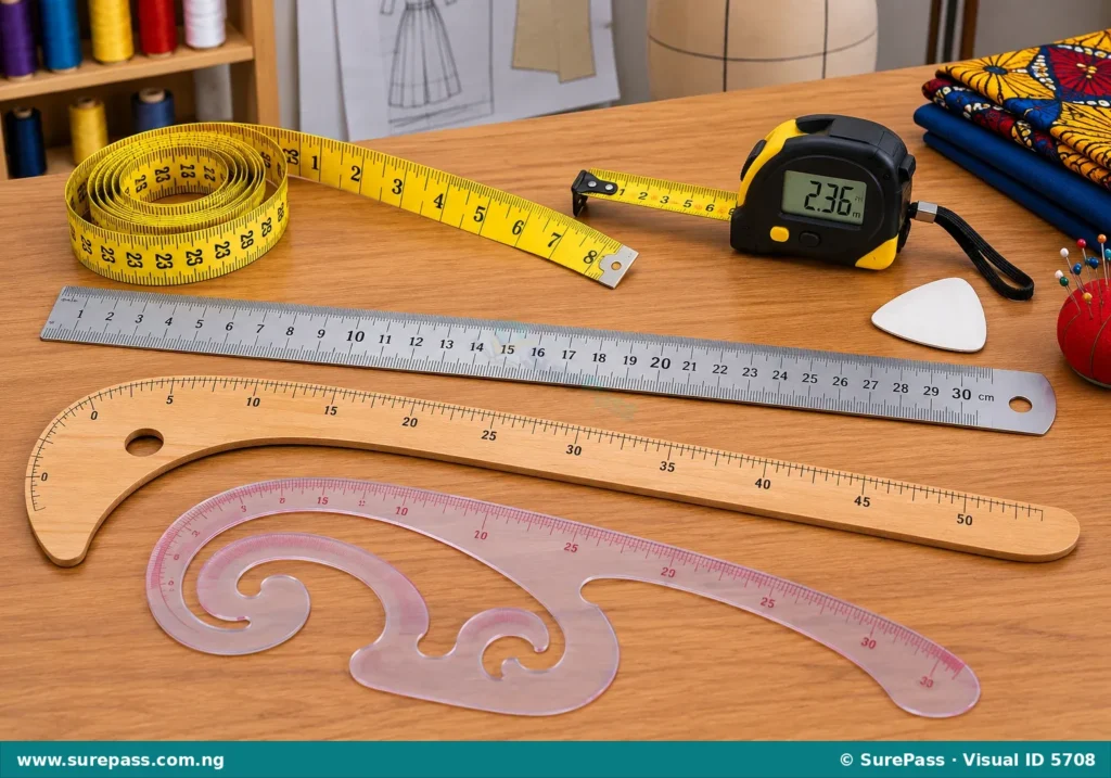 A collection of garment making measuring tools including manual and digital tapes, straight and curved rulers.